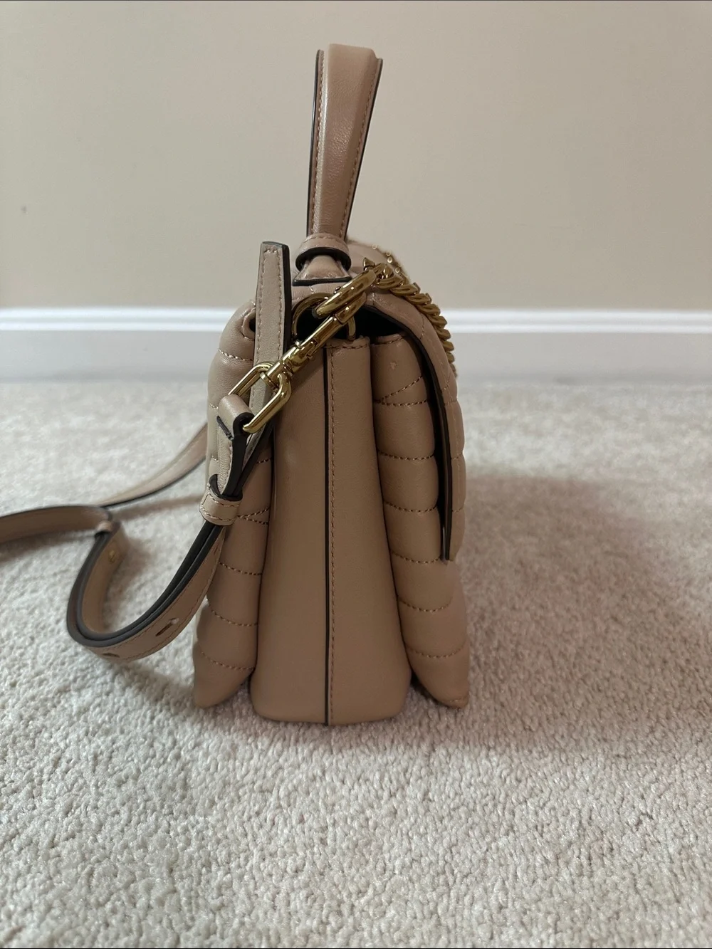 Tory Burch Quilted Chevron Top-Handle Satchel in Nude Tan